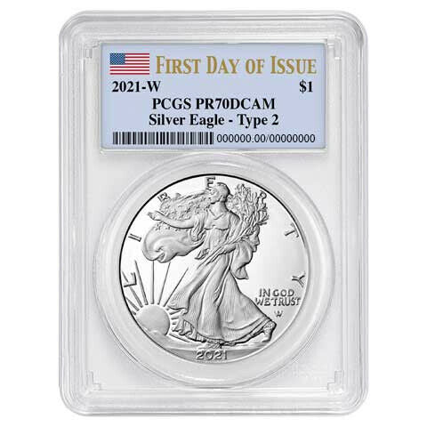 2021 W Silver Eagle Type 2 Proof - PCGS PR70 FDOI First Day of Issue - Flag Label