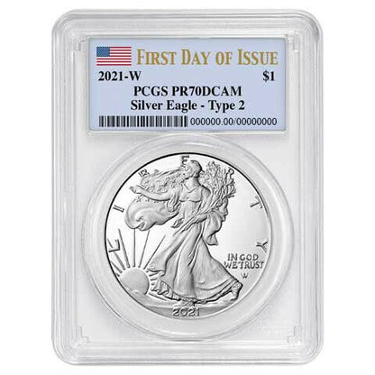 2021 W Silver Eagle Type 2 Proof - PCGS PR70 FDOI First Day of Issue - Flag Label