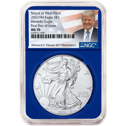 2021 Silver Eagle - Type 1 - NGC MS70 FDOI First Day of Issue Trump 3 pc Set - Red White & Blue Core - CoinsTV