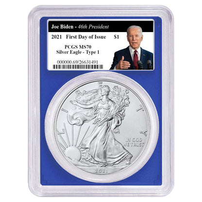2021 Silver Eagle - Type 1 - PCGS MS70 FDOI First Day of Issue Biden Label Obverse - Blue Core