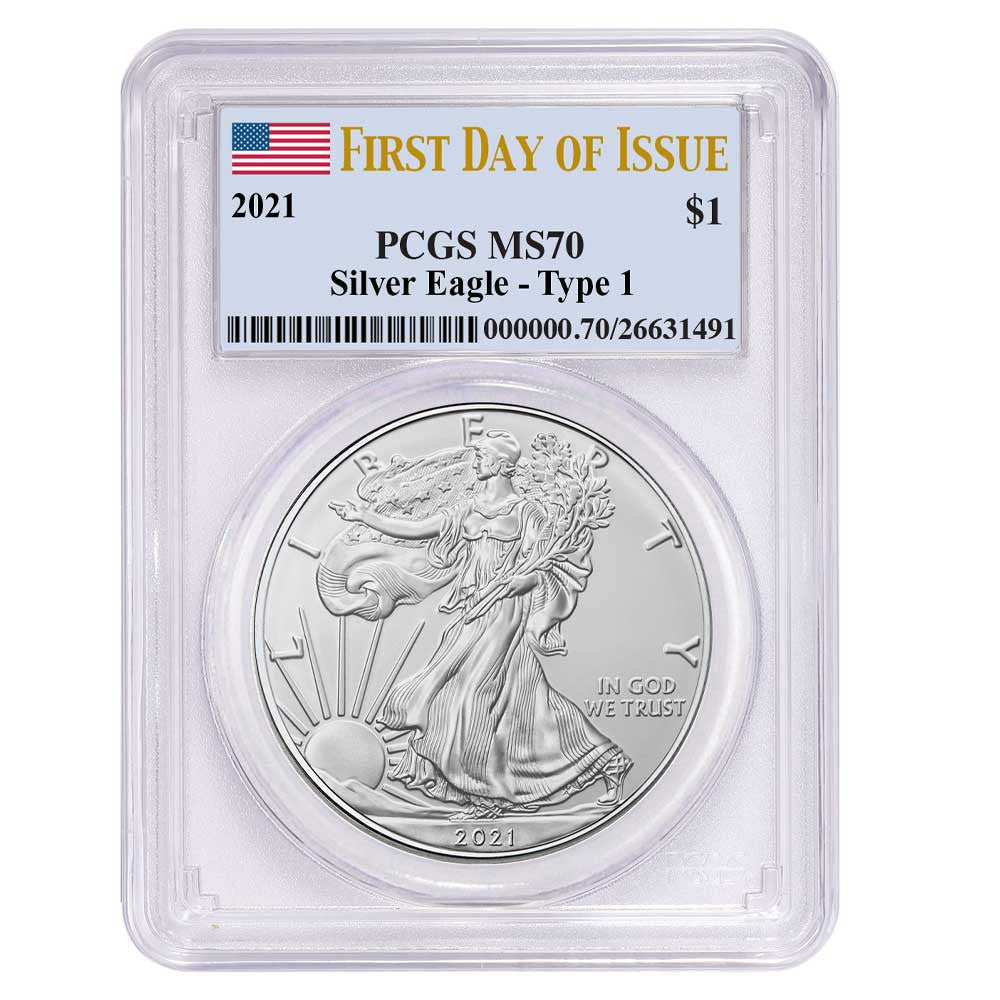 2021 Silver Eagle - Business Strike - Type 1 - PCGS MS70 FDOI First Day of Issue Flag Label