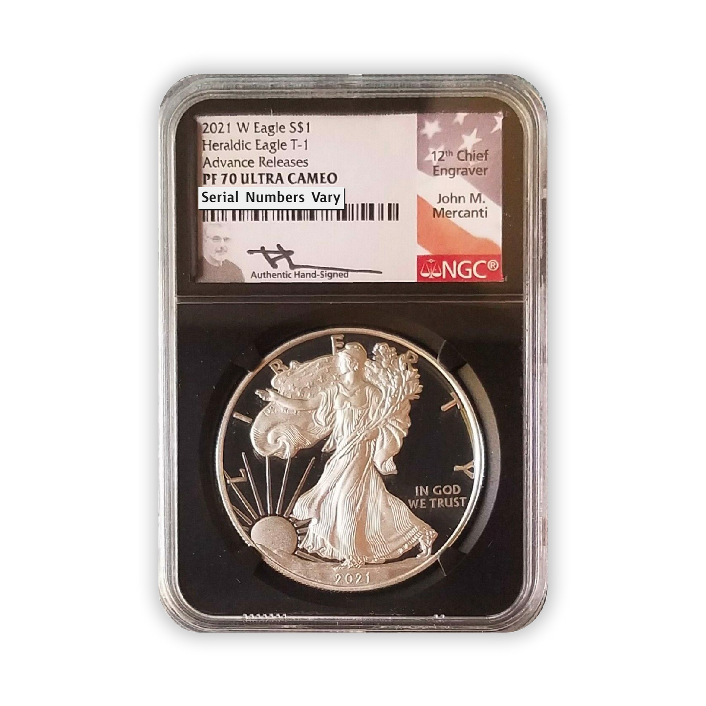 2021 Silver Eagle Type 1 Proof - NGC PF70 FDI Advanced Release - Mercanti Label - CoinsTV