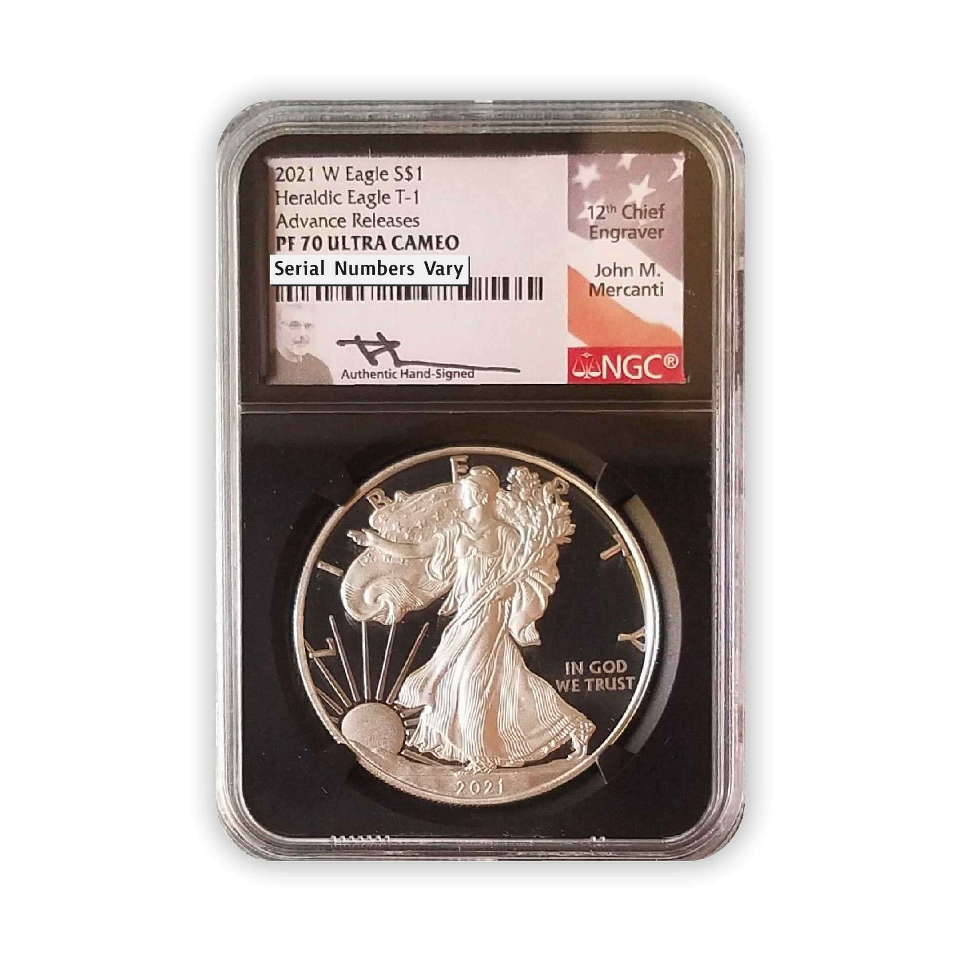 2021 Silver Eagle Type 1 Proof - NGC PF70 FDI Advanced Release - Mercanti Label - CoinsTV
