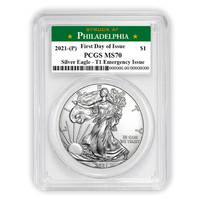 2021 (P) Silver Eagle - Business Strike - Type 1 Emergency Production - PCGS MS70 FDOI First Day of Issue Philadelphia Label - CoinsTV