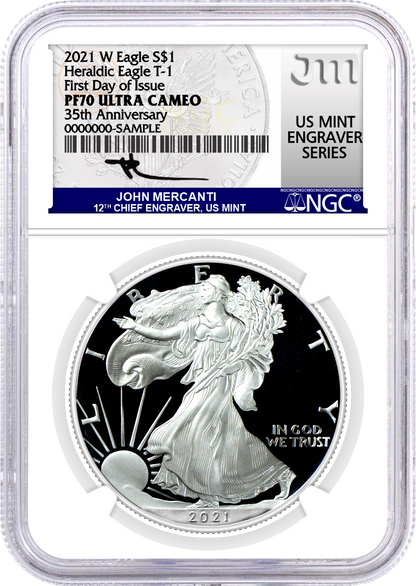 2021 Silver Eagle Type 1 Proof - NGC PF70 FDI First Day of Issue - Mercanti Label