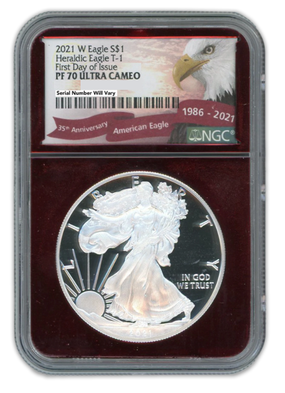 2021-W Silver Eagle - First Day of Issue - Ultra Cameo NGC PF70 Red Foil Core