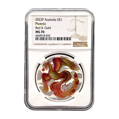 2022 P Australia Chinese Myths and Legends - Phoenix Red and Gold 1oz  .9999 Silver - NGC MS70