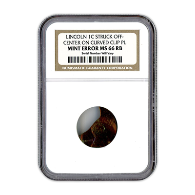 Lincoln Cent Struck Off Center On Curved Clip PL - Mint Error NGC MS66 RB