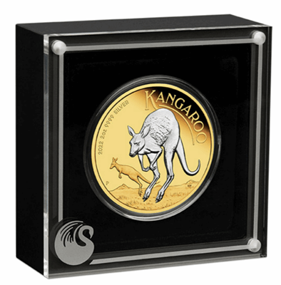 2022 2oz Australian Silver Kangaroo Coin Reverse Gilded