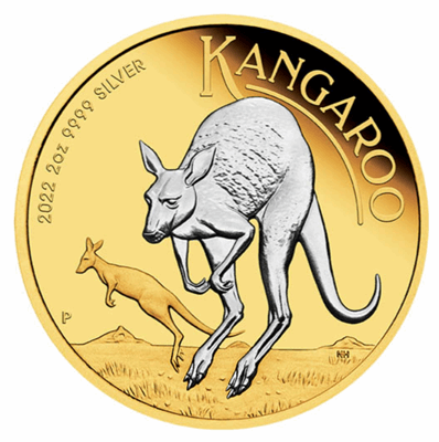 2022 2oz Australian Silver Kangaroo Coin Reverse Gilded