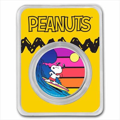 2021 Peanuts Sunset Surfing Snoopy - 1oz .999 Sliver Color Round