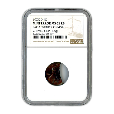 19XX D Lincoln Cent Broadstruck On 45% Curved Clip - Mint Error NGC MS65 RB