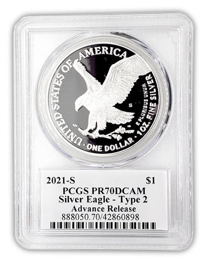 2021-S  Silver Eagle Type 2- San Francisco Proof - PCGS PR70 AR Advanced Release - Emily Damstra Signature Label