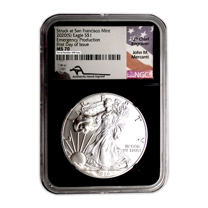 2020(S) Silver Eagle - NGC MS70 Emergency Production First Day of Issue - Black Core Mercanti Label