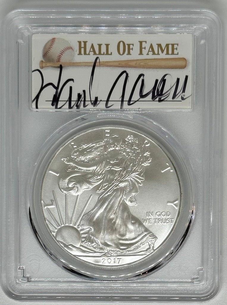 2017 Silver Eagle - PCGS MS70 Hank Aaron Autographed Baseball Label - CoinsTV