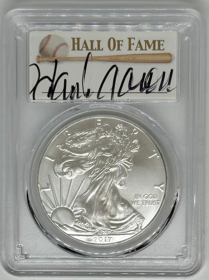 2017 Silver Eagle - PCGS MS70 Hank Aaron Autographed Baseball Label - CoinsTV