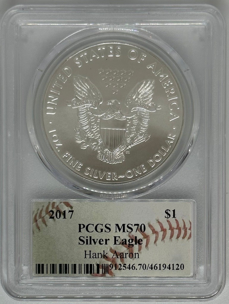 2017 Silver Eagle - PCGS MS70 Hank Aaron Autographed Baseball Label - CoinsTV