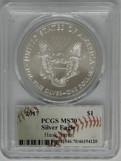 2017 Silver Eagle - PCGS MS70 Hank Aaron Autographed Baseball Label - CoinsTV