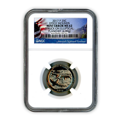 2017 Effigy Mounds Quarter - Mint Error-  Elliptical - NGC MS62