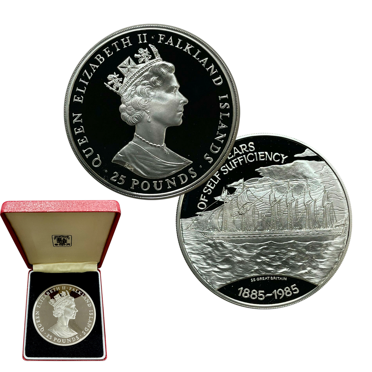1985 Queen Elizabeth Falkland Islands Self Sufficiency 4.46 oz Silver
