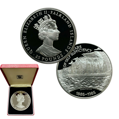 1985 Queen Elizabeth Falkland Islands Self Sufficiency 4.46 oz Silver