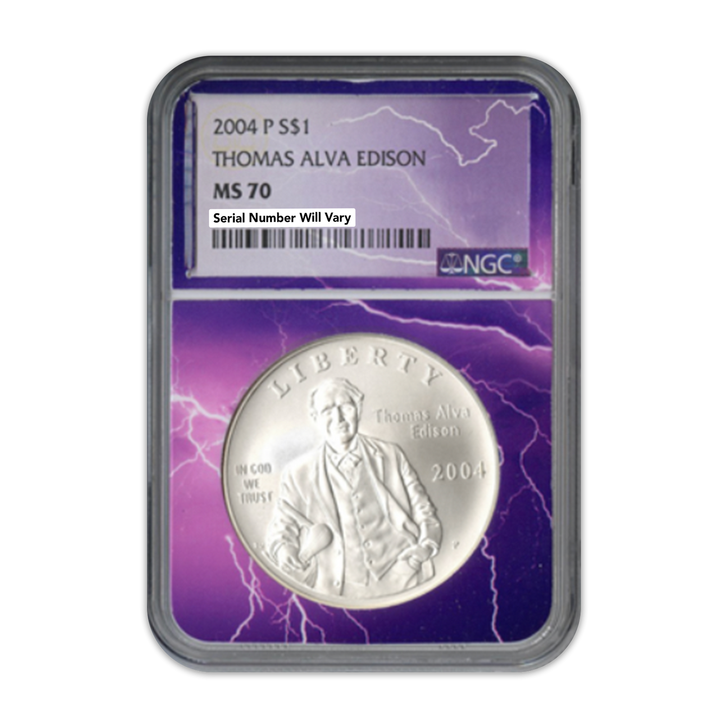 2004 P $1 Thomas Edison Commemorative Silver - Lightning Core - NGC MS70 - CoinsTV