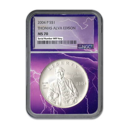2004 P $1 Thomas Edison Commemorative Silver - Lightning Core - NGC MS70 - CoinsTV