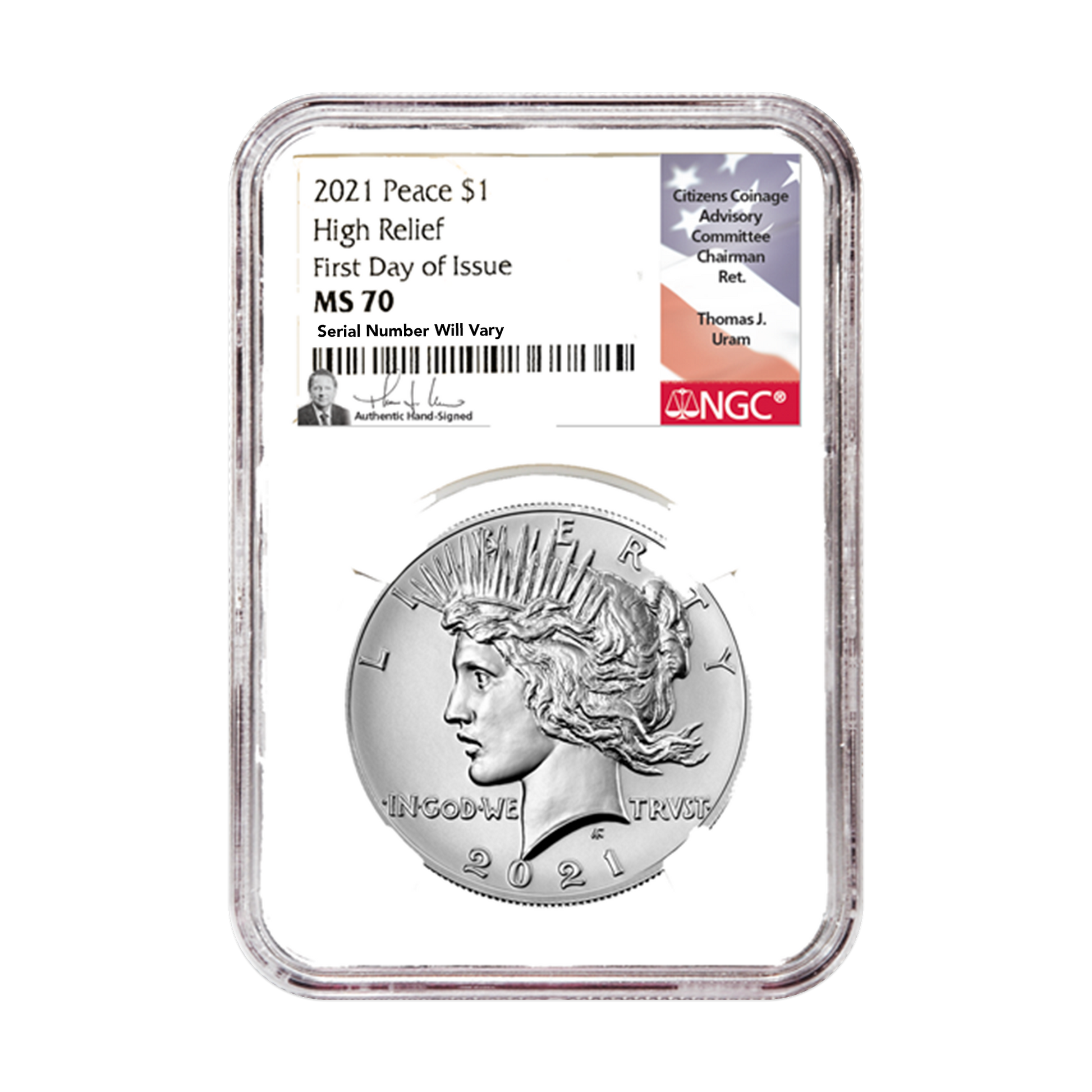 2021 Peace Dollar - High Relief First Day of Issue - NGC MS70 Thomas Uram Label - CoinsTV