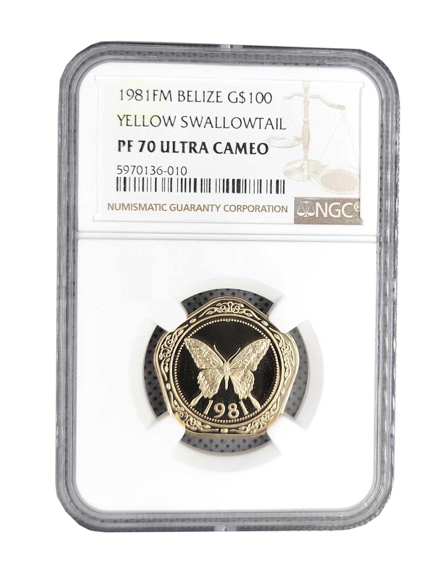 1981 FM Belize Yellow Swallowtail Butterfly G$100 NGC PF70 Ultra Cameo