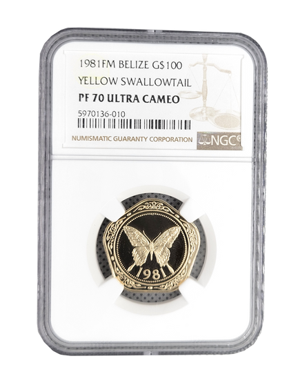 1981 FM Belize Yellow Swallowtail Butterfly G$100 NGC PF70 Ultra Cameo
