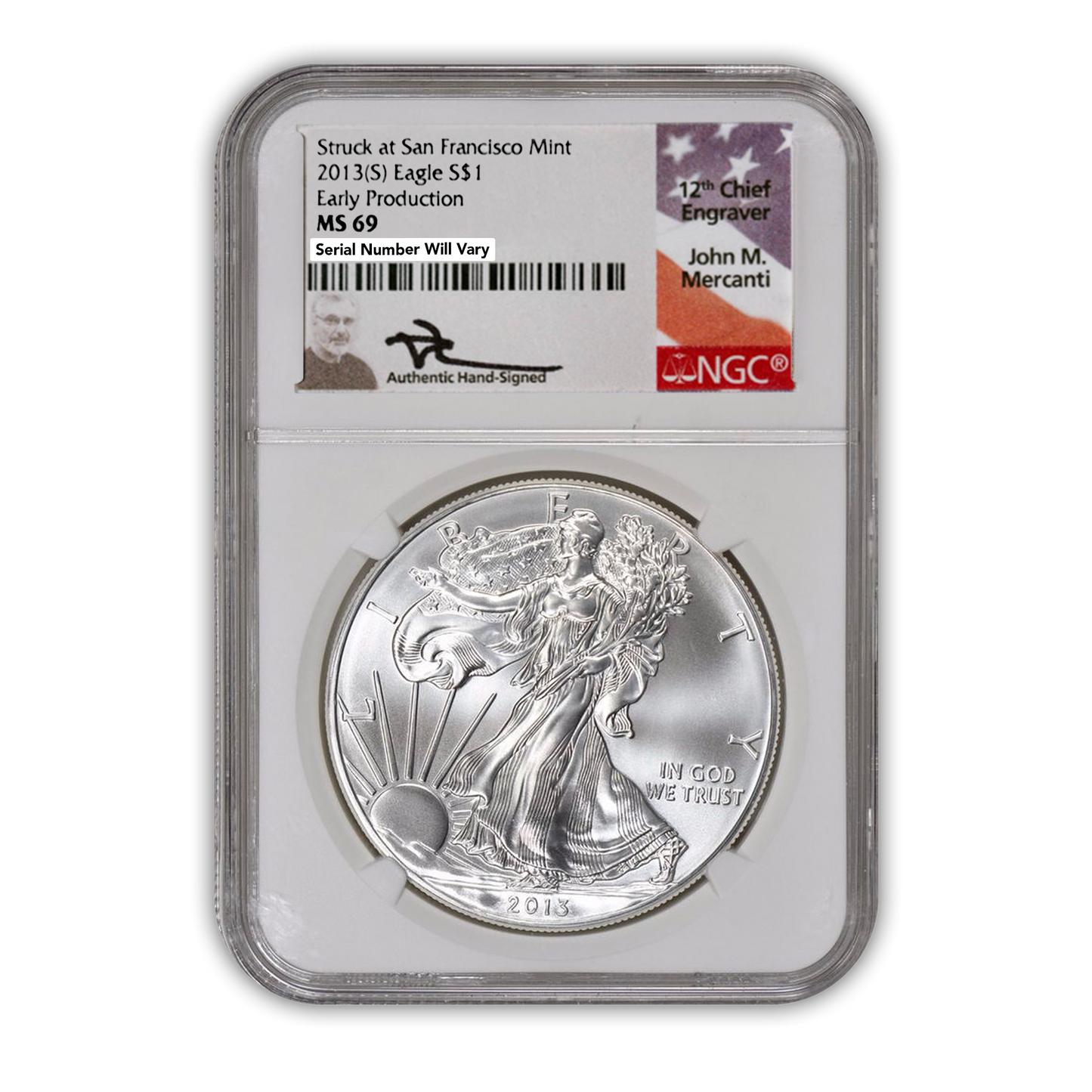 2013(S) Silver Eagle San Francisco - Early Production - NGC MS69 Mercanti Label