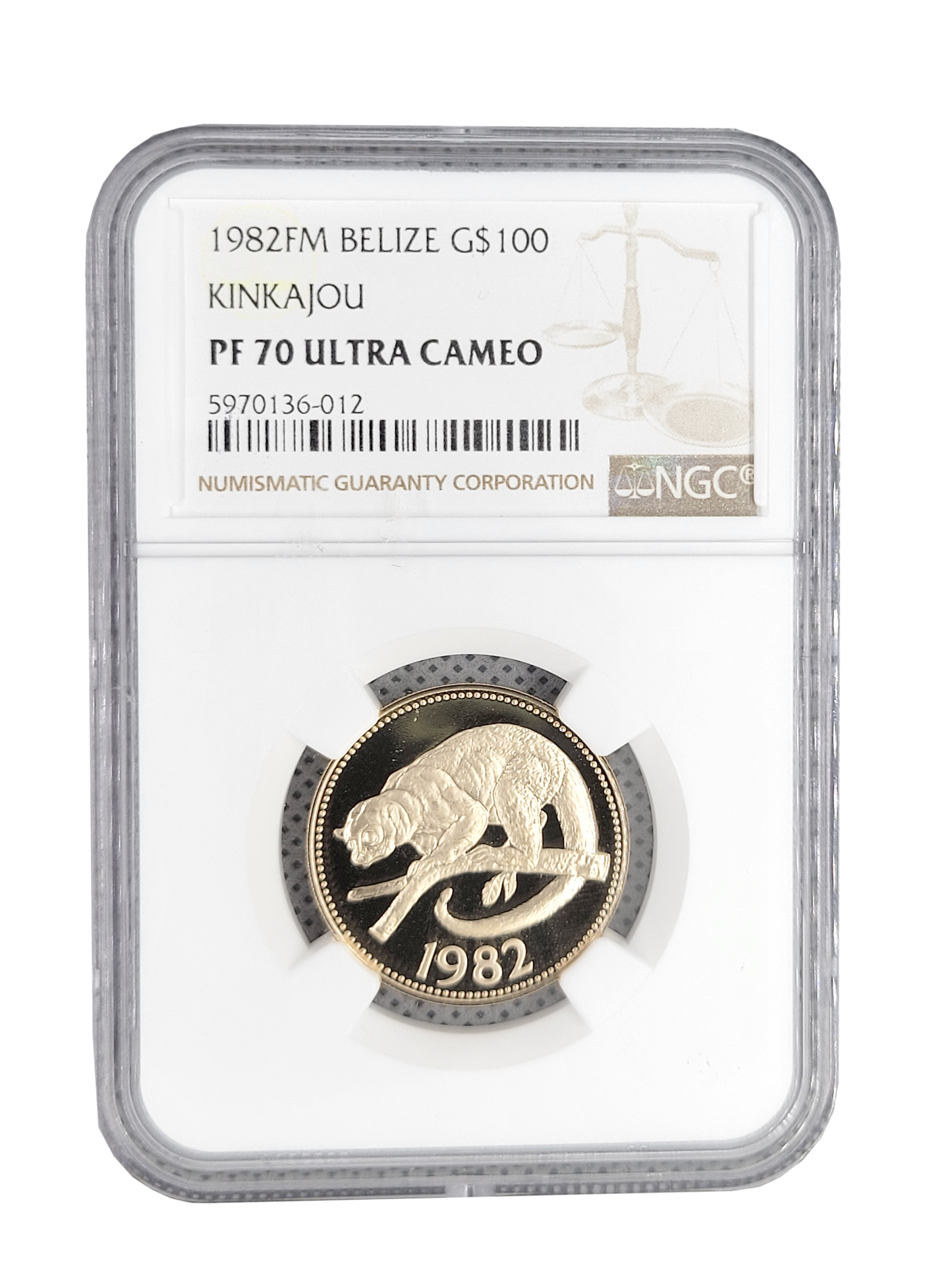1982 FM Belize Kinkajou G$100 GOLD NGC PF 70 Ultra Cameo