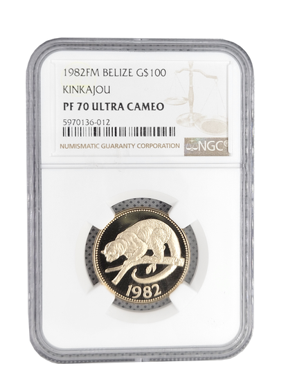 1982 FM Belize Kinkajou G$100 GOLD NGC PF 70 Ultra Cameo