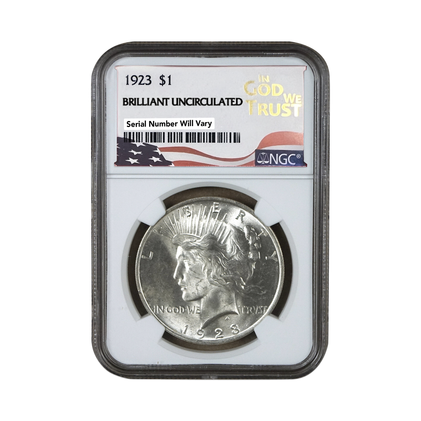1923 Peace Dollar Philadelphia Brilliant Uncirculated In God We Trust Label - NGC Certified - CoinsTV