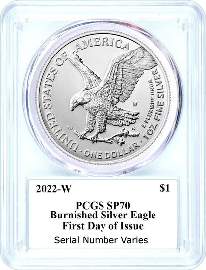 2022 Silver Eagle - West Point Burnished - PCGS SP70 - First Day of Issue - Emily Damstra Signature Label