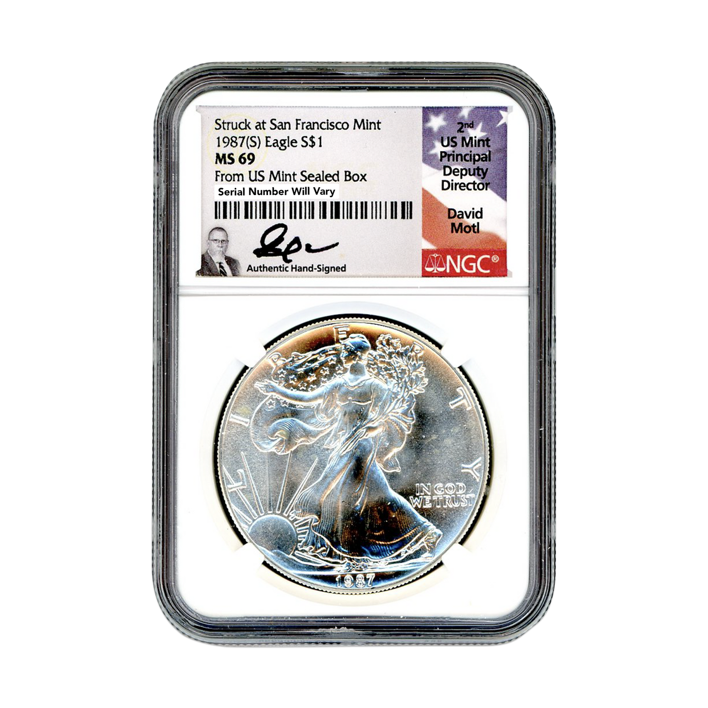 1987(S) Silver Eagle San Francisco - NGC MS69 David Moti Signature Label