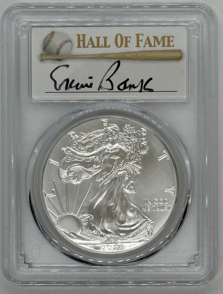 2017 Silver Eagle - PCGS MS70 Ernie Banks Autographed Baseball Label