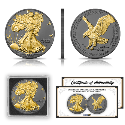 2022 Silver Eagle Black Ruthenium & Gold Enhanced 1 oz Silver