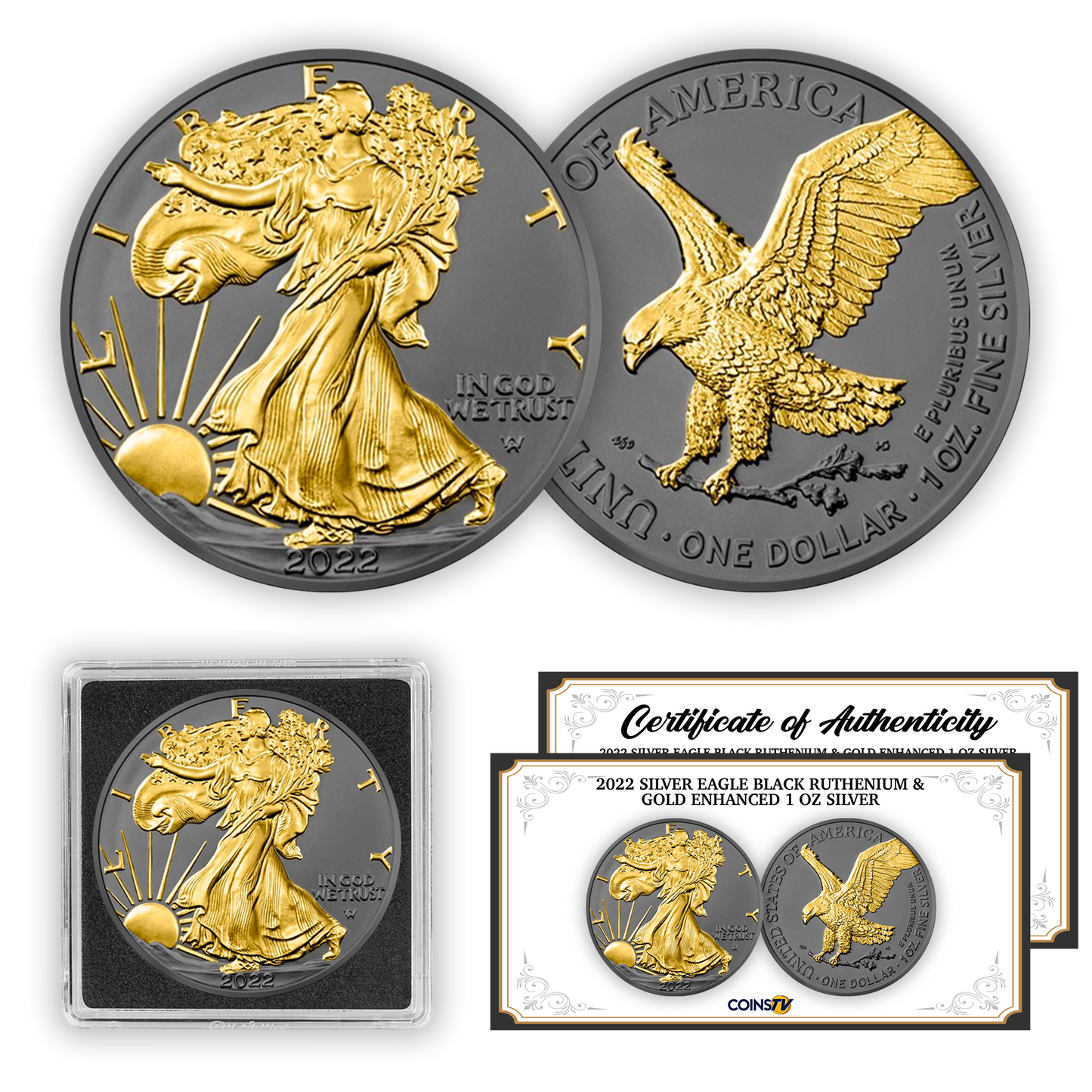 2022 Silver Eagle Black Ruthenium & Gold Enhanced 1 oz Silver