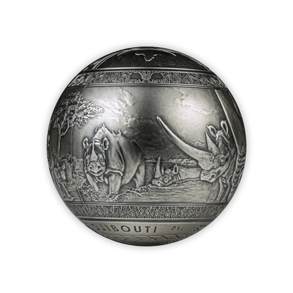 2022 Silver Djibouti BIG 5 Rhinoceros Spherical Antique Finish Coin