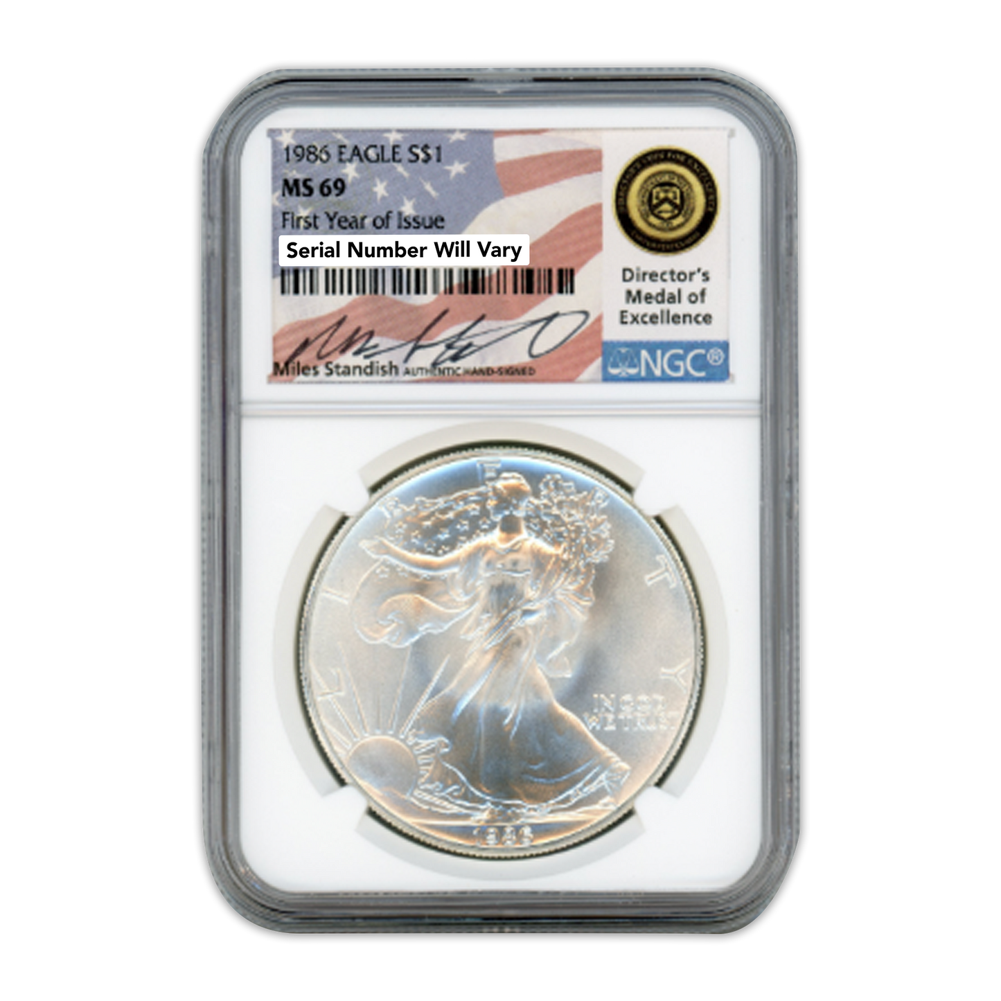 1986 Silver Dollar Eagle - First Year of Issue - Miles Standish Label NGC MS69 - CoinsTV