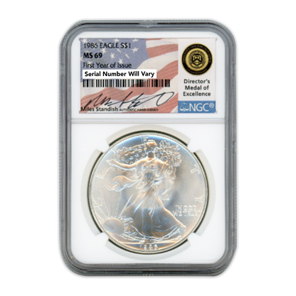 1986 Silver Dollar Eagle - First Year of Issue - Miles Standish Label NGC MS69 - CoinsTV