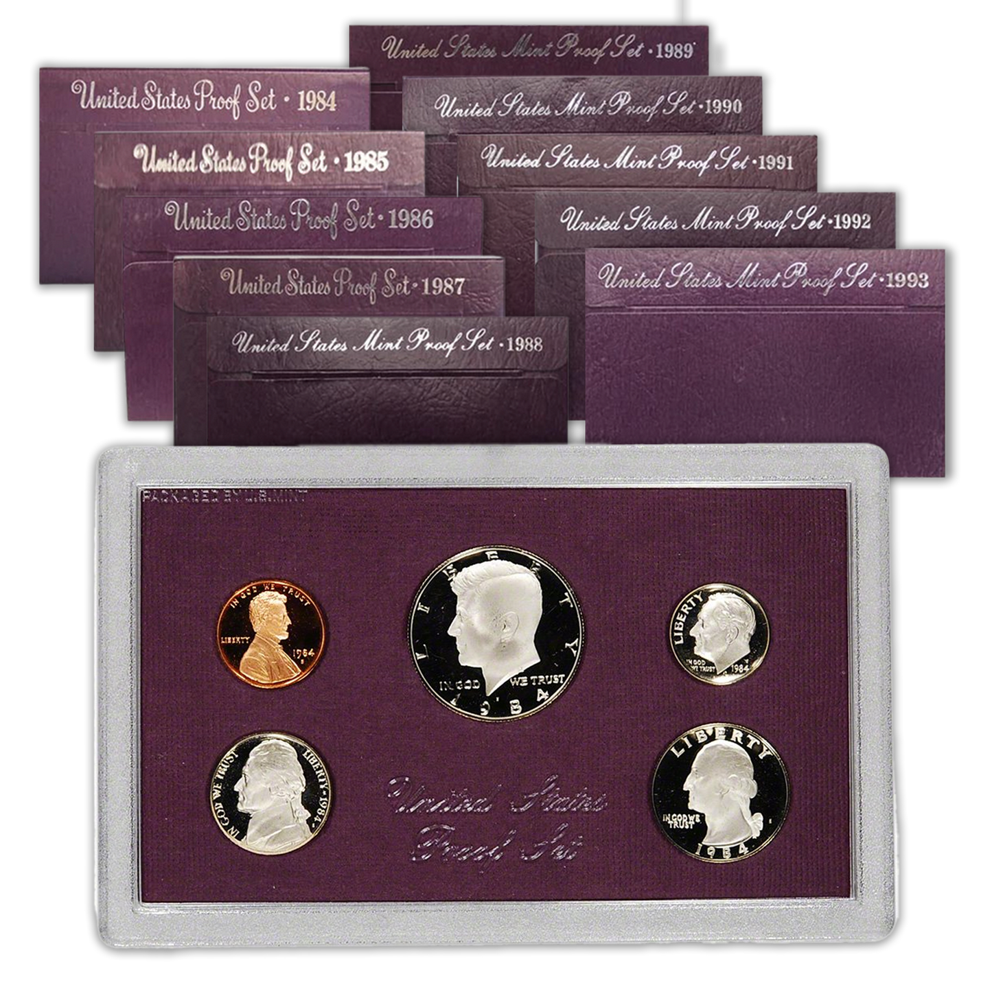 1984-1993 US Proof Set Purple Box Collection - 10 Sets