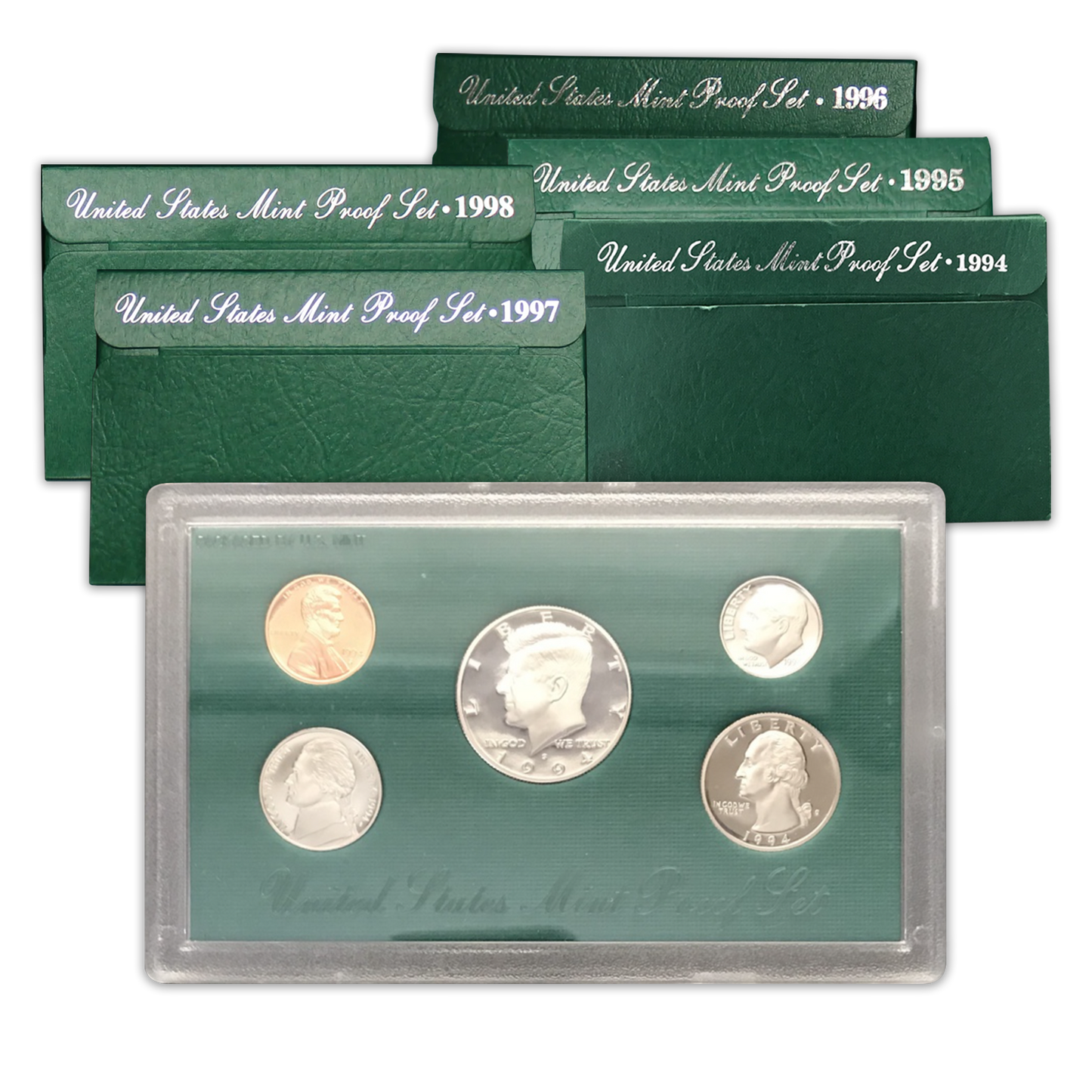 1994-1998 US Proof Set Green Box Collection - 5 Sets