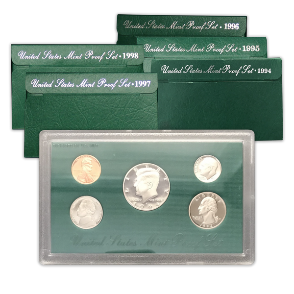 1994-1998 US Proof Set Green Box Collection - 5 Sets | CoinsTV