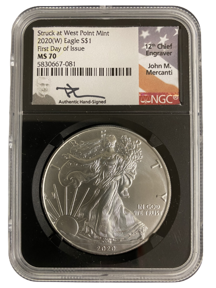 2020(W) Silver Eagle - NGC MS70 First Day of Issue - Black Core Mercanti Label