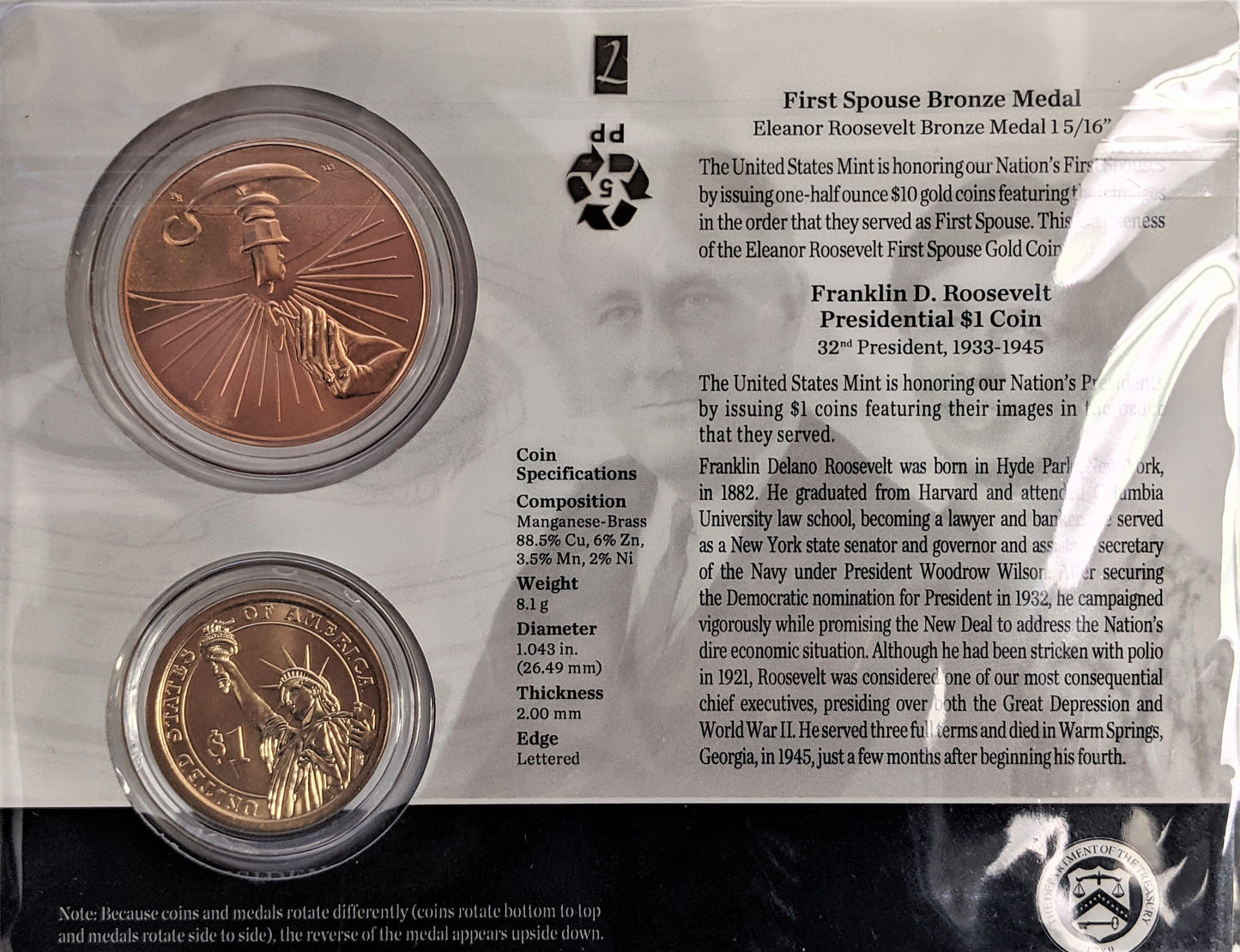 Presidential $1 Coin & First Spouse Bronze Medal Set - Franklin Roosevelt