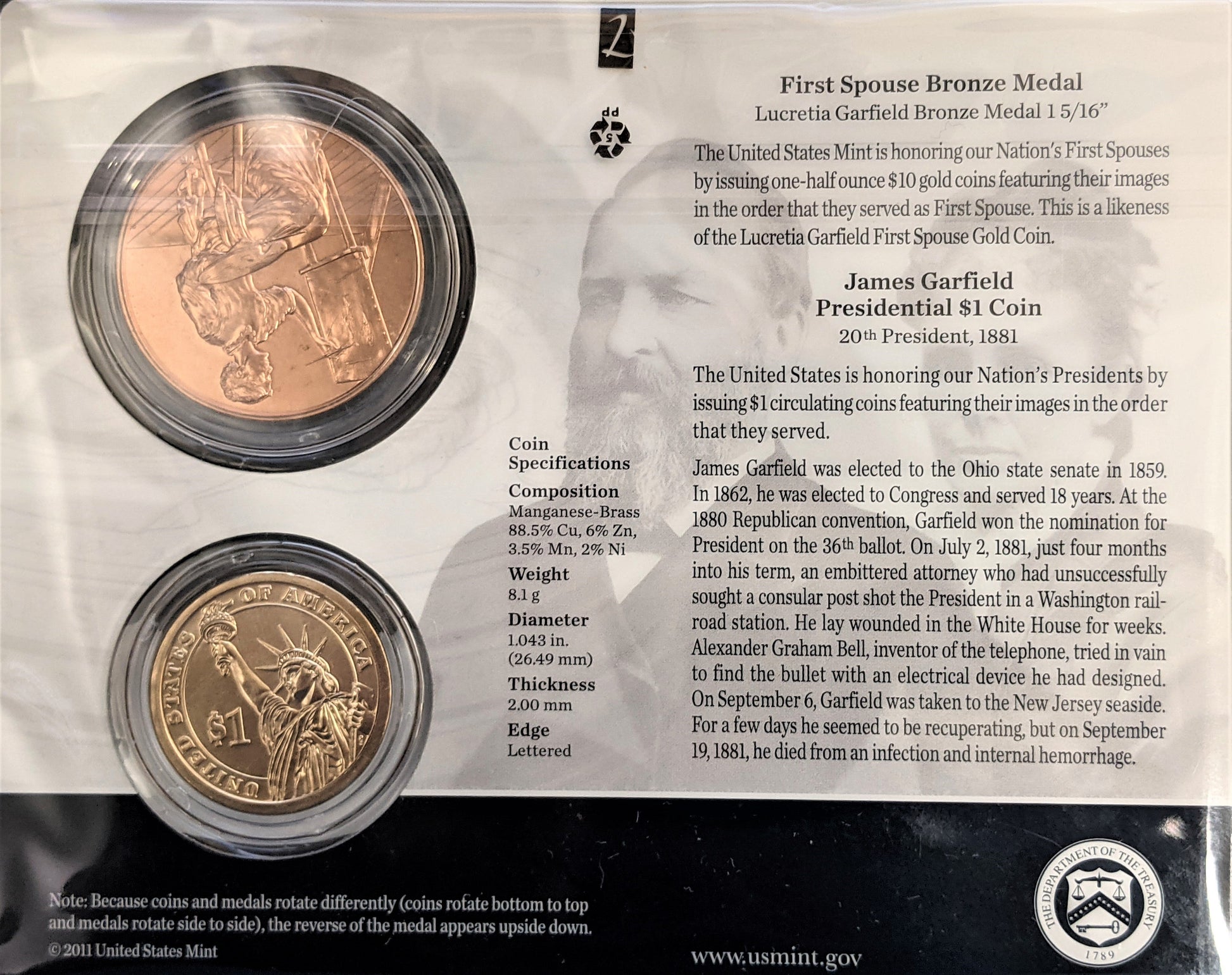 Presidential $1 Coin & First Spouse Bronze Medal Set - James Garfield - CoinsTV