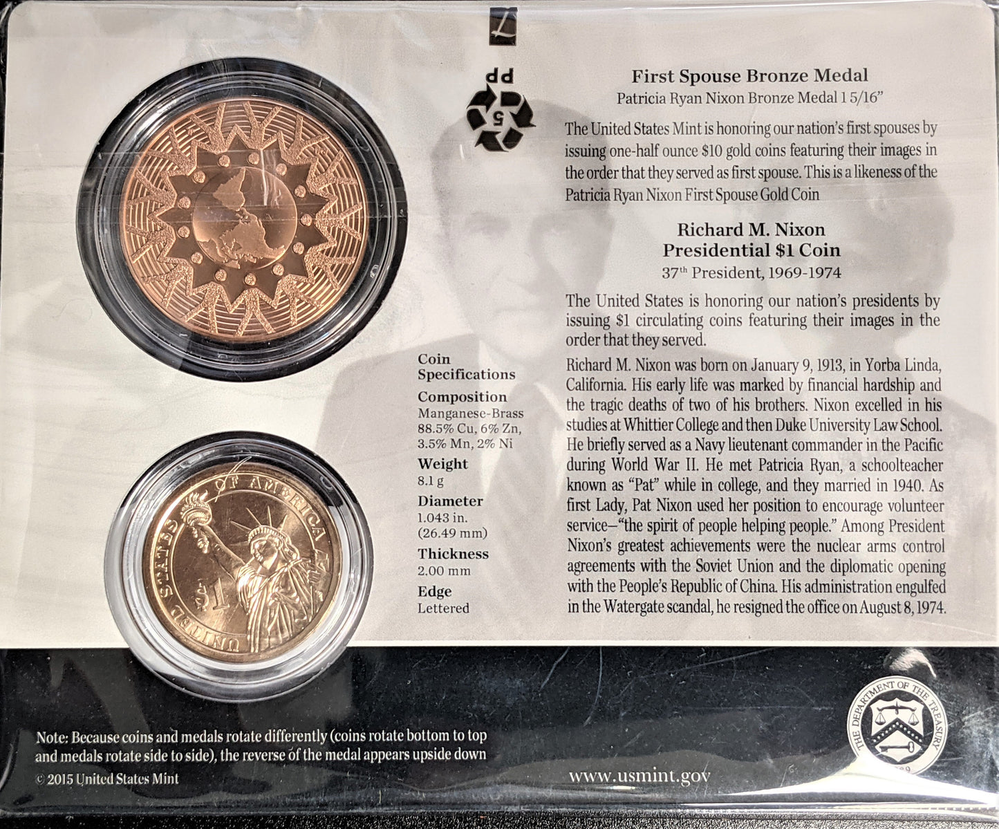 Presidential $1 Coin & First Spouse Bronze Medal Set - Richard Nixon