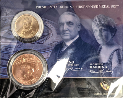 Presidential $1 Coin & First Spouse Bronze Medal Set - Warren G Harding